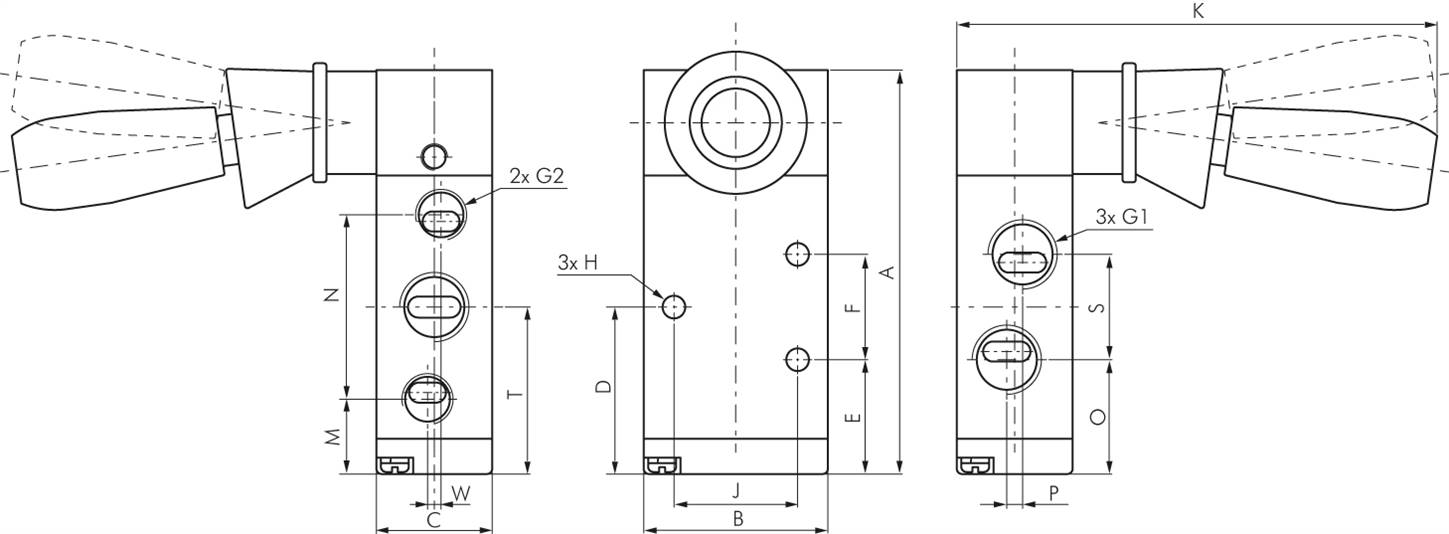 5/2-Wege Handhebelventil, Raste, G 1/8"