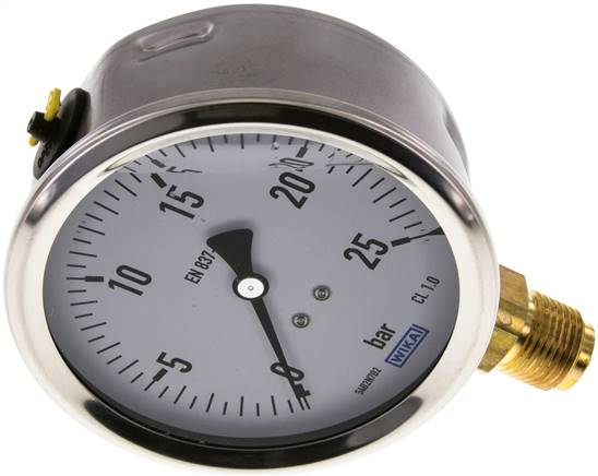 Glycerin-Manometer senkrecht (CrNi/Ms),100mm, 0 - 25 bar
