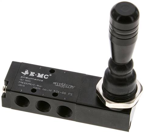 5/3-Wege Handhebelventil, G 1/8", Mittelstellung belüftet, Federrückstellung