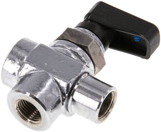 3-Wege T-Kugelhahn, Messing, L-Bohrung, G 1/8", PN 20, Messing verchromt, Dichtung: PTFE / NBR