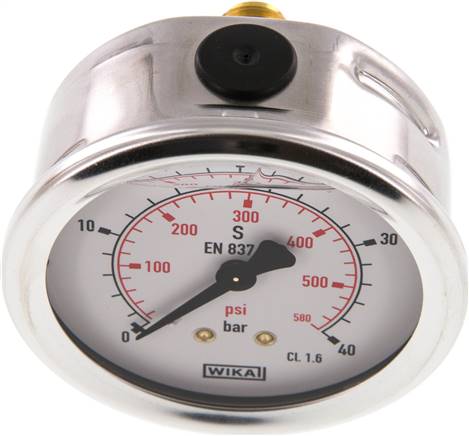 Glycerin-Manometer waagerecht (CrNi/Ms),63mm, 0 - 40bar