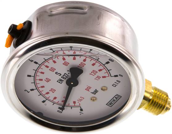 Glycerin-Manometer senkrecht (CrNi/Ms), 63mm, -1 bis 9 bar