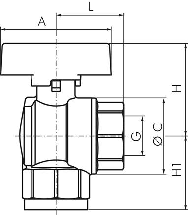 Messing-Winkelkugelhahn, DVGW, Rp 1", -0,9 bis 40bar