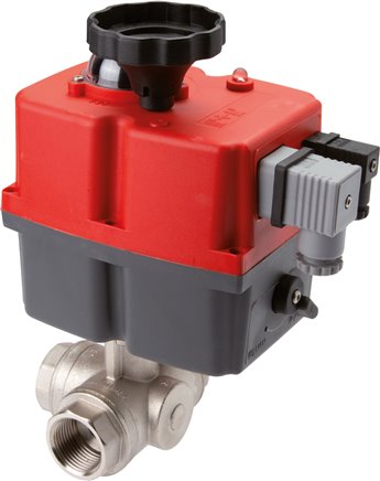 Elektr. 3-Wege-Kugelhahn (L), G 3/4", 24 bis 240 V (AC) / 24 bis 135 V (DC), Edelstahl - PN63