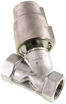 Schrägsitzventil 1.4408, G 1", offen, Spindelabdichtung aus FKM