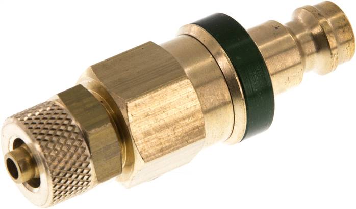 Kupplungsstecker (NW5) 6x4mm Schlauch, Messing, beidseitig absperrend, Messing grün
