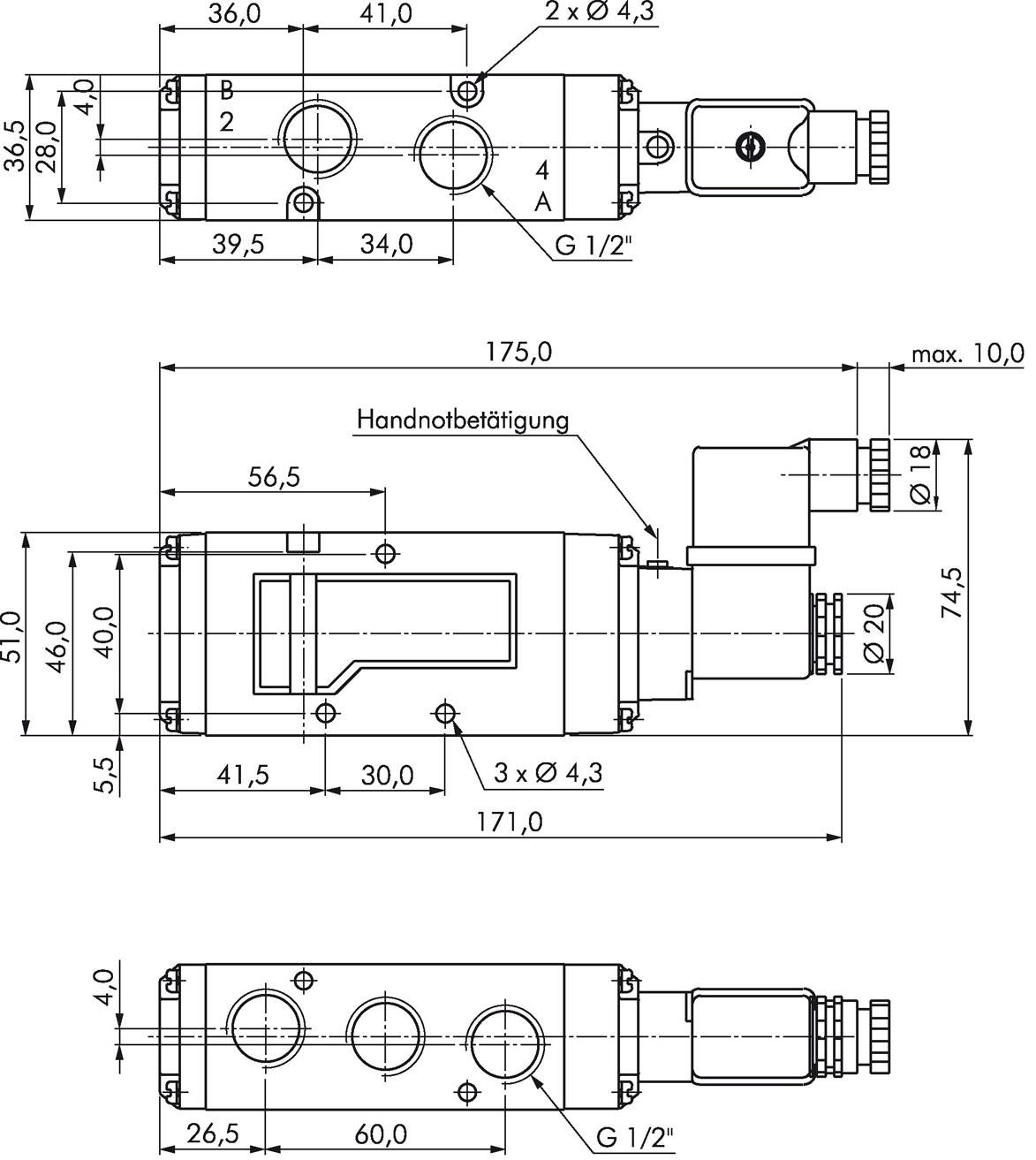 5/2-Wege Magnetventil, G 1/2", Impulsventil, 24 V AC
