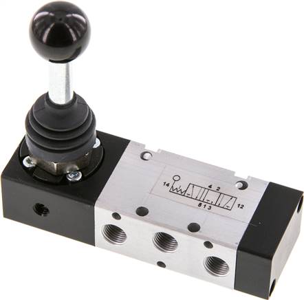 5/3-Wege Handhebelventil, G 1/8", Mittelstellung entlüftet, Raste, -0,95 bis 10 bar