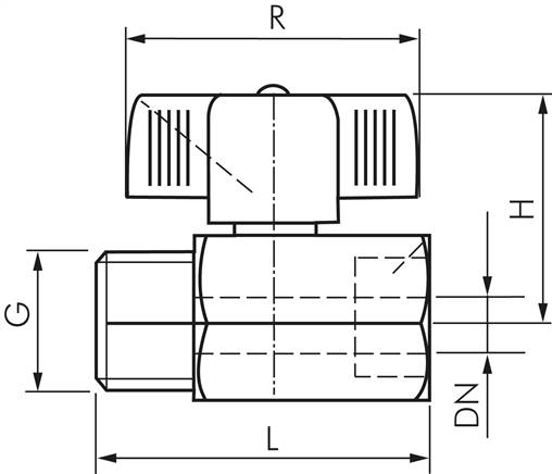 Messing-Minikugelhahn G 1/2" Innengewinde / Außengewinde, PN 15, Flügelgriff