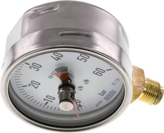 Manometer senkrecht (CrNi/Ms), 100mm, 0 - 60 bar, mit rückstellbarem Schleppzeiger