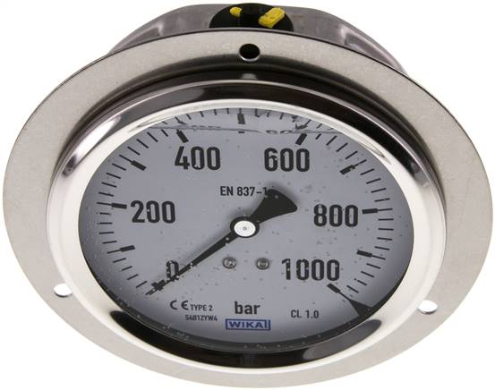 Glycerin-Einbaumanometer,Frontring, 100mm, 0 - 1000 bar