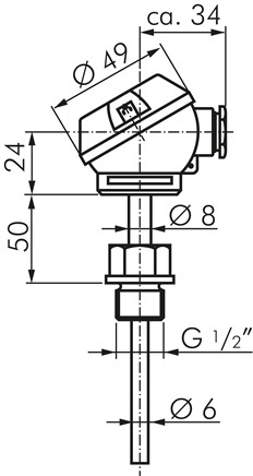 Widerstandsthermometer Pt100 (2-Leiter), G1/2"-6x150mm, mit kurzem Halsrohr