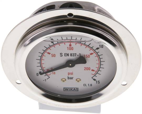 Glycerin-Einbaumanometer,Frontring, 63mm, -1 bis 15 bar