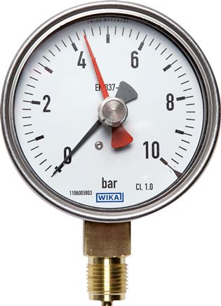 Manometer senkrecht (CrNi/Ms), 100mm, -1 bis 9 bar, mit rückstellbarem Schleppzeiger