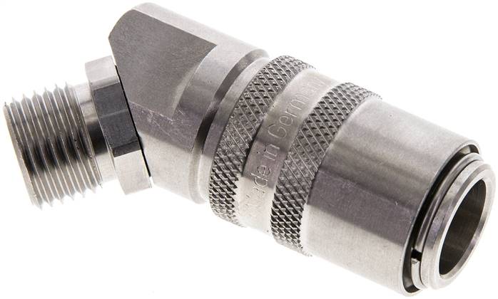 45°-Temperier-Schnellkupplung 13mm Zapfen,M 16x1,5(AG), Edelstahl 1.4305, für Stecker beidseitig absperrend