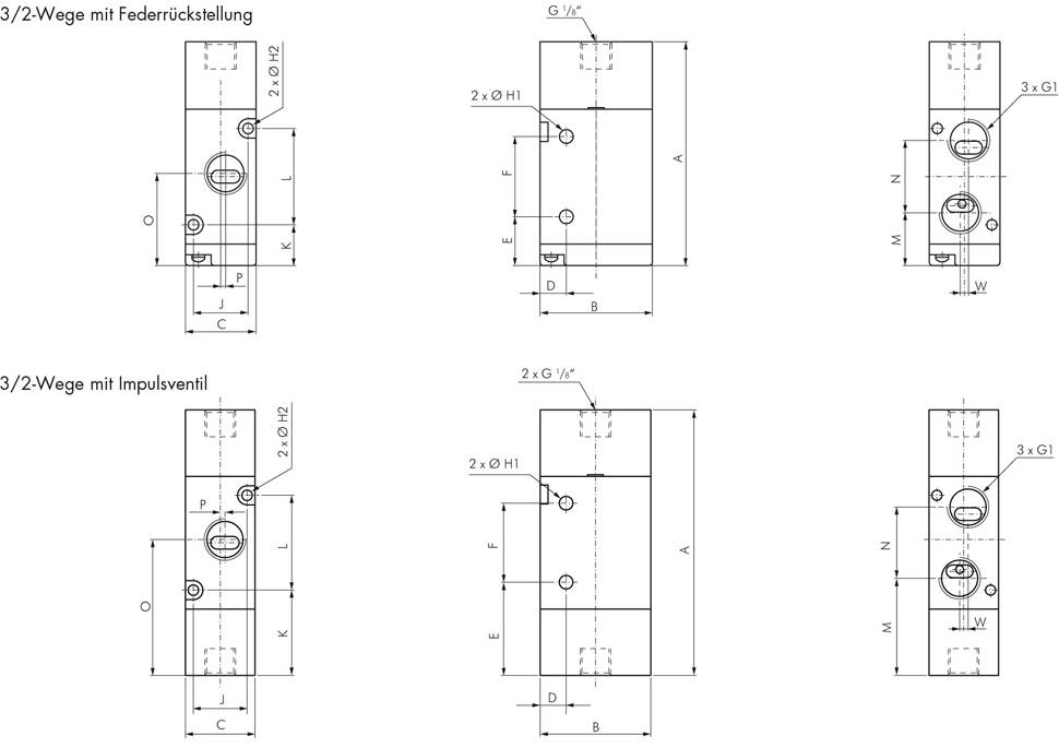 3/2-Wege Pneumatikventil, G 1/8", Federrückstellung (NO)