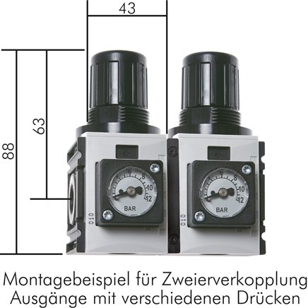 FUTURA Druckregler, G 1/4", 0,5 - 8bar, Baureihe 0, mit durchgehender Druckversorgung, Kompaktmanometer