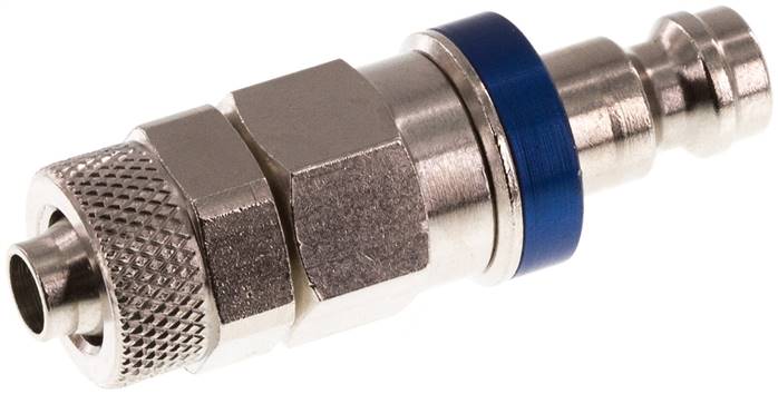 Kupplungsstecker (NW5) 8x6mm Schlauch, Messing vernickelt, beidseitig absperrend, blau