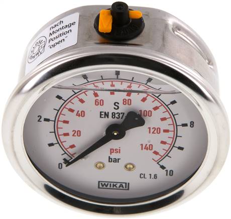 Glycerin-Manometer waagerecht (CrNi/Ms),63mm, 0 - 10bar, NPT