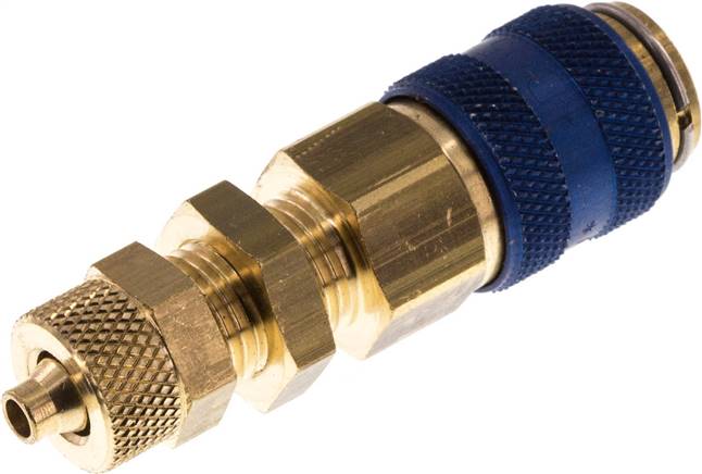 Schott-Schnellkupplung (NW5) 6x4mm Schlauch, Messing, für Stecker beidseitig absperrend, blau