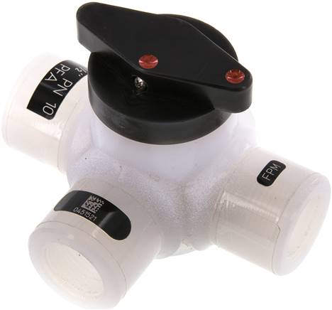 3-Wege Kugelhahn, PFA, G 1/2", PN 10, L-Bohrung (horizontal)