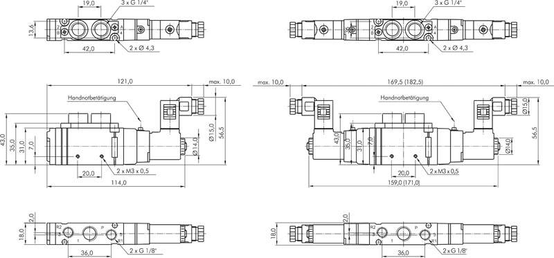 5/3-Wege Magnetventil, G 1/4" (G 1/8"), geschlossen, 115 V AC
