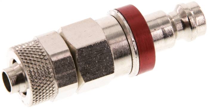 Kupplungsstecker (NW5) 8x6mm Schlauch, Messing vernickelt, beidseitig absperrend, rot