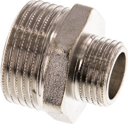Doppelnippel G 1"-G 1/2", Messing vernickelt
