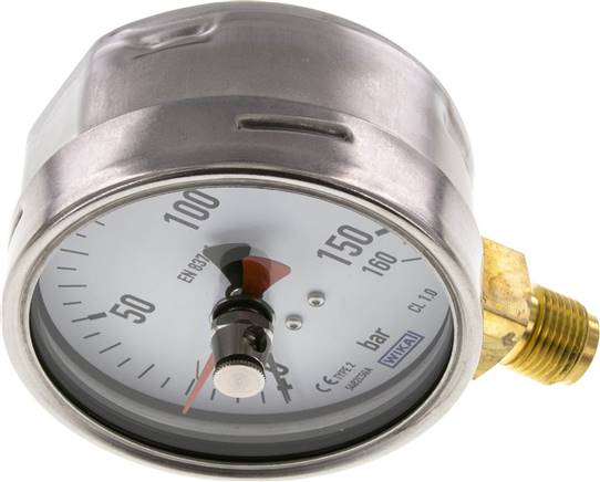 Manometer senkrecht (CrNi/Ms), 100mm, 0 - 160 bar, mit rückstellbarem Schleppzeiger