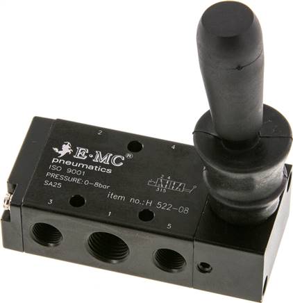 5/2-Wege Handhebelventil, Raste, G 1/4" (Abluft G 1/8")
