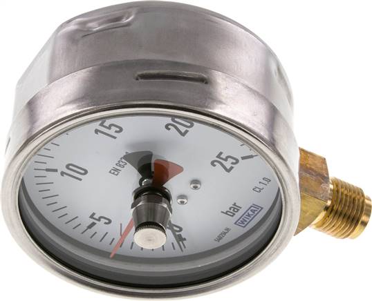 Manometer senkrecht (CrNi/Ms), 100mm, 0 - 25 bar, mit rückstellbarem Schleppzeiger
