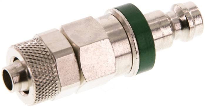 Kupplungsstecker (NW5) 8x6mm Schlauch, Messing vernickelt, beidseitig absperrend, grün