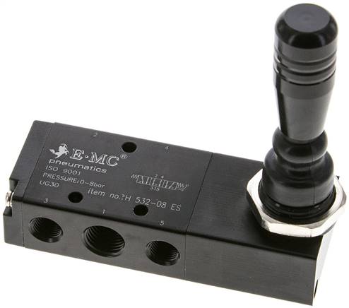 5/3-Wege Handhebelventil, G 1/4", Mittelstellung entlüftet, Federrückstellung, H 532-08 ES