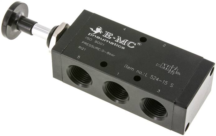 5/2-Wege Axial-Handhebelventil, Federrückstellung, G 1/2"