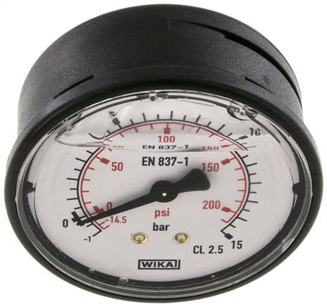 Glycerin-Manometer waagerecht (KU/Ms), 63mm, -1 bis 15 bar