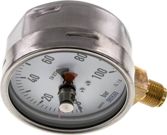 Manometer senkrecht (CrNi/Ms), 100mm, 0 - 100 bar, mit rückstellbarem Schleppzeiger