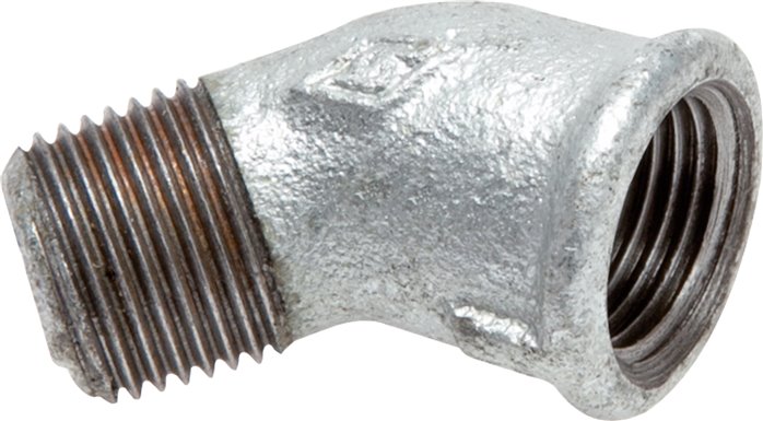45°-Einschraubwinkel Rp 1-1/2"(IG)-R 1-1/2"(AG), Temperguss verzinkt