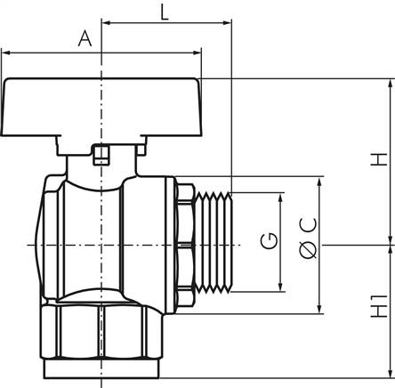 Messing-Winkelkugelhahn, DVGW, R 1" / Rp 1", -0,9 bis 40bar
