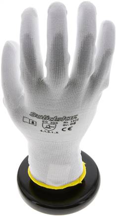 Feinstrick Handschuh mit PU-Teilbeschichtung, fusselfrei, weiß, S, Schutzklasse (EN 388) 4.1.3.1.X