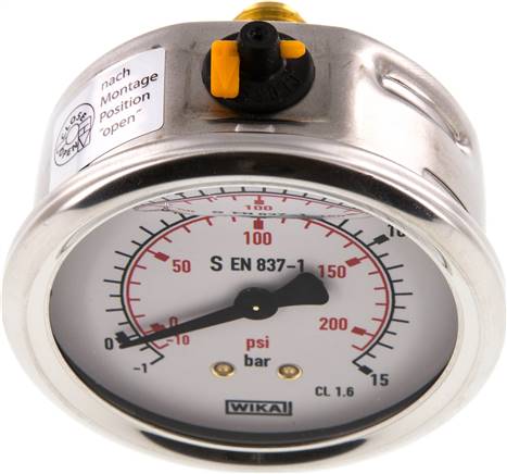 Glycerin-Manometer waagerecht (CrNi/Ms),63mm, -1 bis 15bar