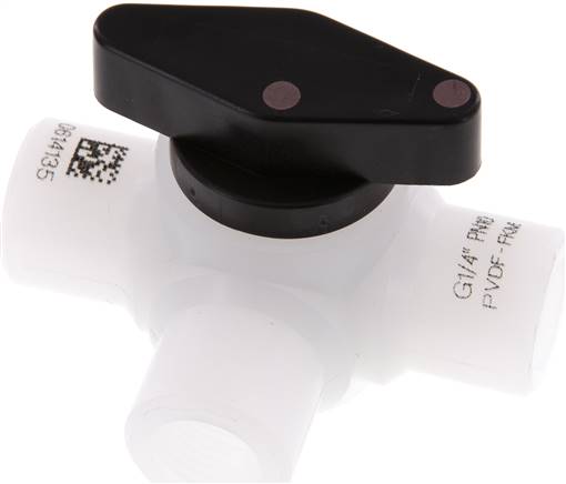 3-Wege Kugelhahn, PVDF, G 1/4", PN 10, L-Bohrung (horizontal)