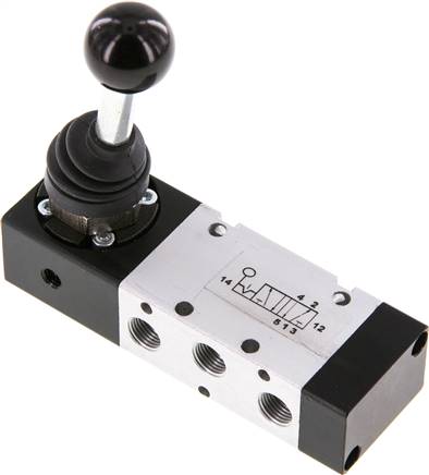 5/2-Wege Handhebelventil, Raste, G 1/8", -0,95 bis 10 bar