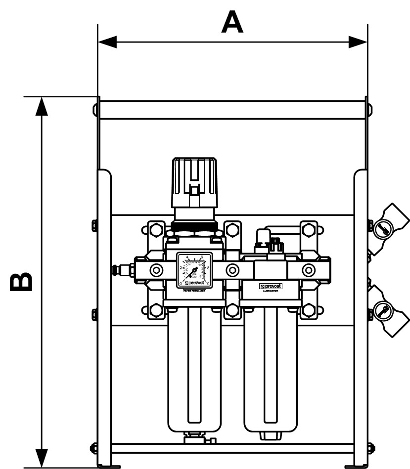 Prevost Filter-Manometer, Regler und Öler mit einem Träger - Mitteldruckbereich Profil = European 7,4 mm