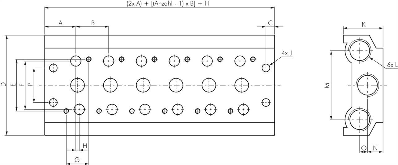 Mehrfachanschlussplatte (6-fach) für 5/2-Wege & 5/3-Wege Ventile zu V 53-6