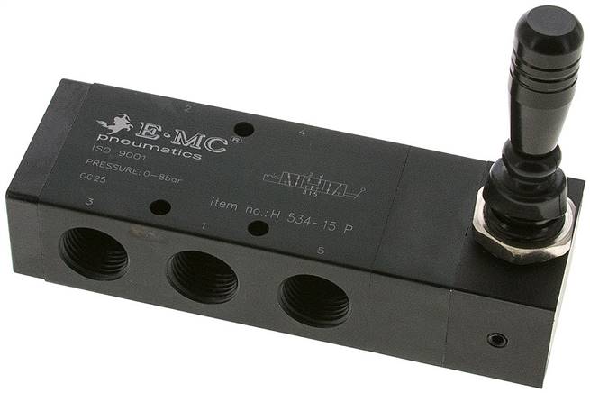 5/3-Wege Handhebelventil, G 1/2", Mittelstellung belüftet, Raste