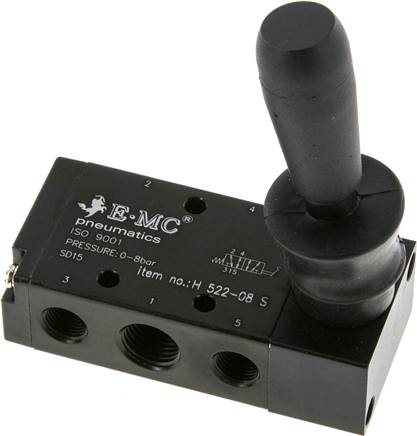 5/2-Wege Handhebelventil, Federrückstellung, G 1/4" (Abluft G 1/8")