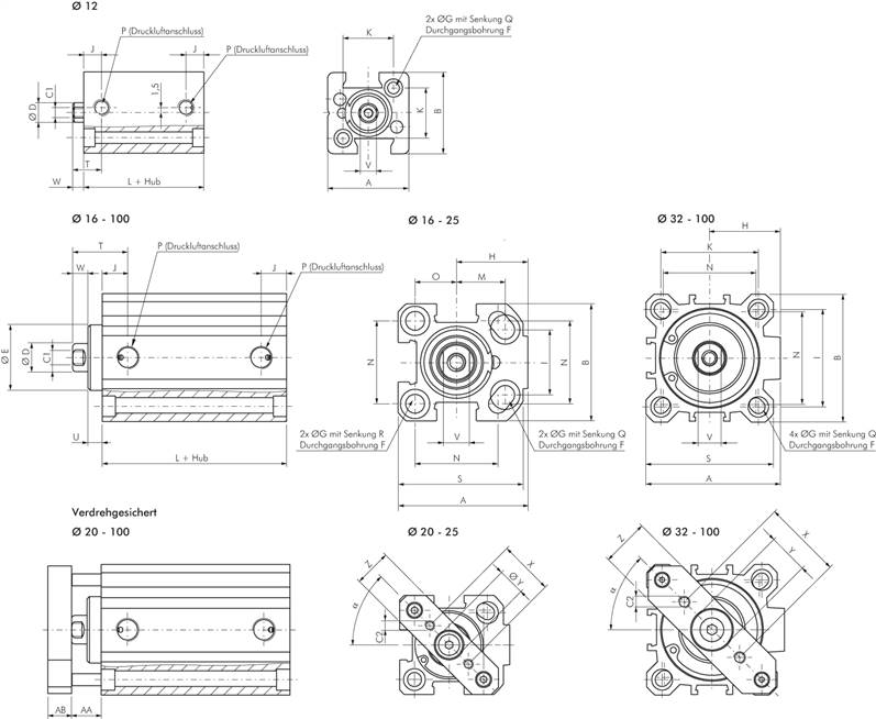 Kurzhubzylinder, einfachwirkend, Kolben 25mm, Hub 25mm