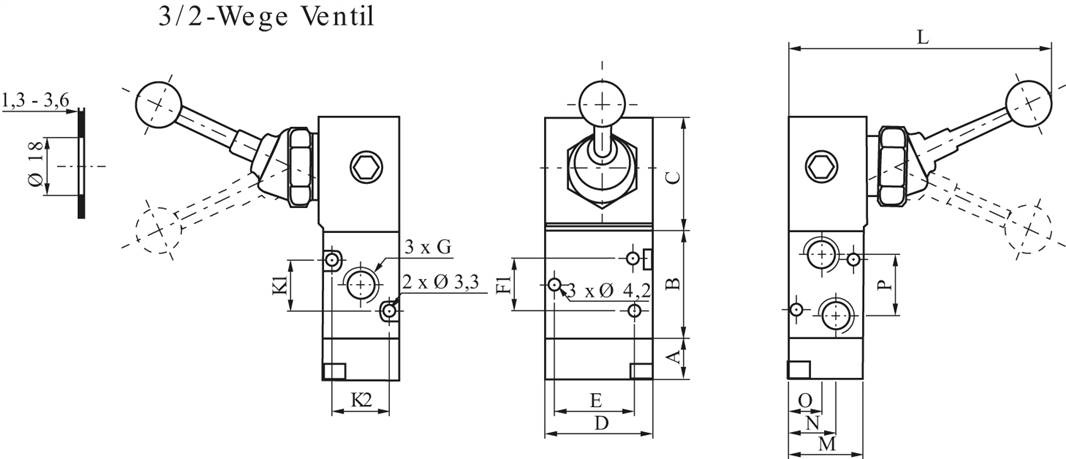 3/2-Wege Handhebelventil, Raste, G 1/8", -0,95 bis 10 bar