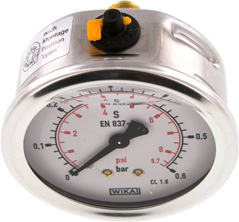 Glycerin-Manometer waagerecht (CrNi/Ms),63mm, 0 - 0,6bar
