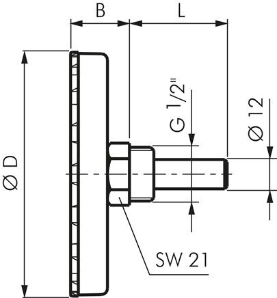 Bimetallthermometer, waagerecht D63/0 bis +60°C/100mm, Kunststoffgehäuse